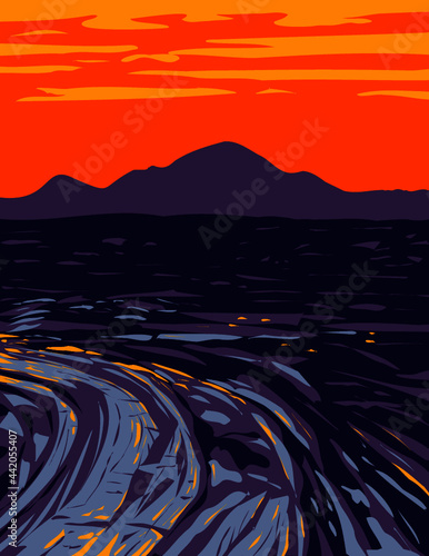 WPA poster art of a vast ocean of lava flows in Craters of the Moon National Monument and Preserve located in the Snake River Plain in central Idaho USA done in works project administration style.
