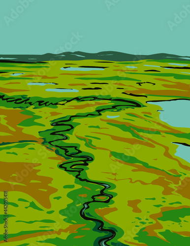 WPA poster art of a river snaking its way through the tundra in southeast Cape Krusenstern National Monument located in Alaska USA in works project administration style or federal art project style.