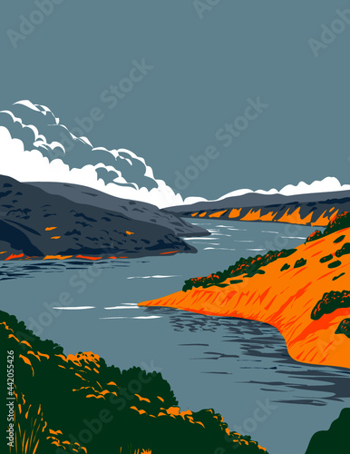 WPA poster art of Lake Berryessa within in Berryessa Snow Mountain National Monument in Yolo and Napa county California United Sates in works project administration style or federal art project style.