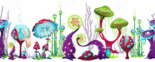 Repeatable border with fantasy mushrooms, flat vector illustration isolated.