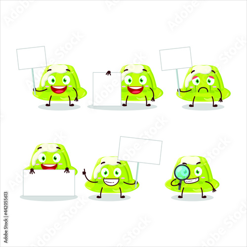 Green pudding cartoon character bring information board. Vector illustration