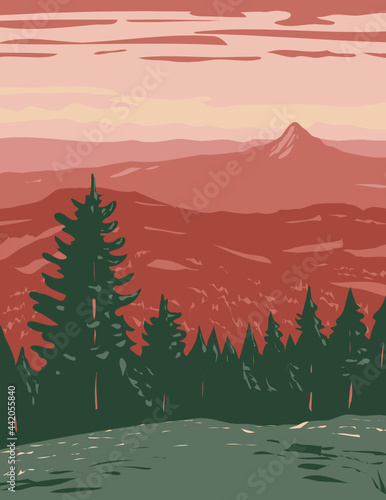 WPA poster art of Siskiyou Mountains located in Cascade-Siskiyou National Monument in Southwestern Oregon USA done in works project administration style or federal art project style.