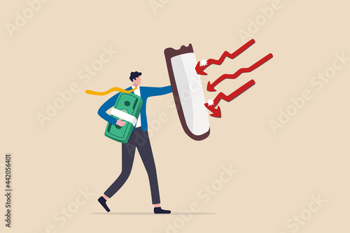 Future proof wealth management, inflation protection or protect from stock market crash, investment stock in market downturn concept, businessman investor holding shield to protect from red arrow bow.