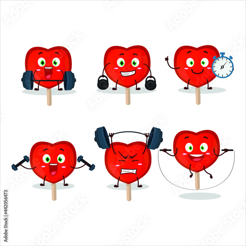 A healthy lolipop love cartoon style trying some tools on Fitness center. Vector illustration