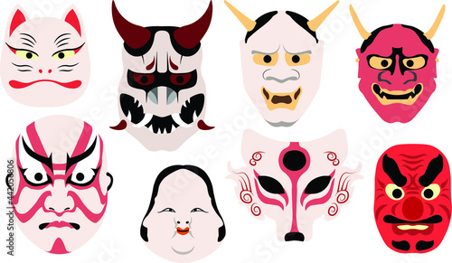 Traditional Japanese theater masks icons set