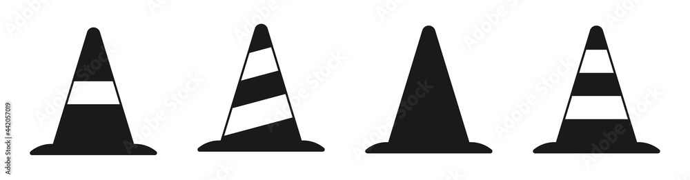 Silhouette of traffic cone icon. Traffic cone icon set. Construction sign. Silhouette of traffic cone icon. Traffic cone icon set. Construction sign.
