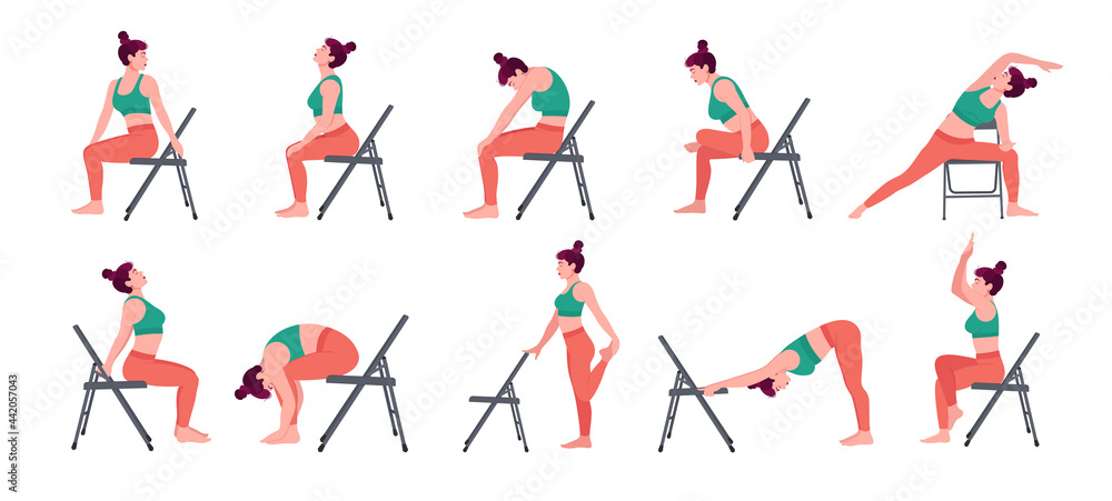 Chair yoga poses. Chair stretching exercises set. Woman workout