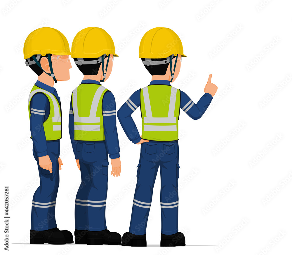 Three industrial worker have a meeting on white background Three industrial worker have a meeting on white background