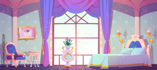 Princess bedroom interior, empty vintage room with elegant retro furniture, bed, cupboard, floral pattern wallpaper decoration. Classic royal style feminine design for girl Cartoon vector illustration