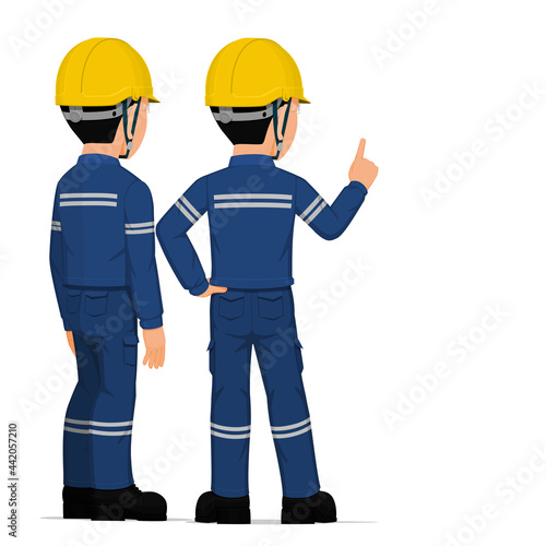 Two industrial worker have a meeting on white background