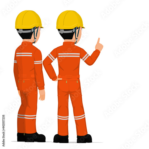 Two industrial worker have a meeting on white background