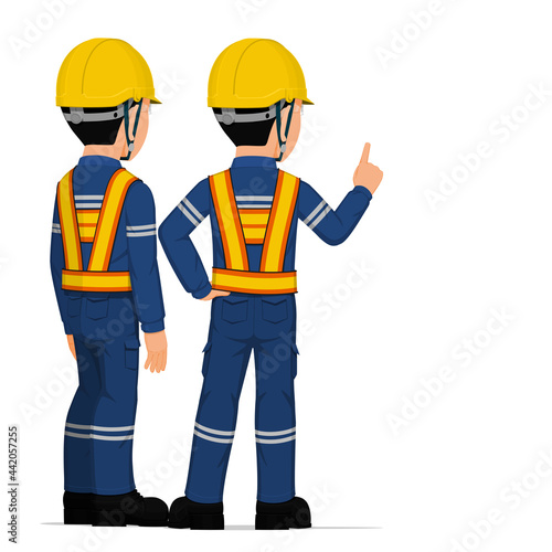 Two industrial worker have a meeting on white background