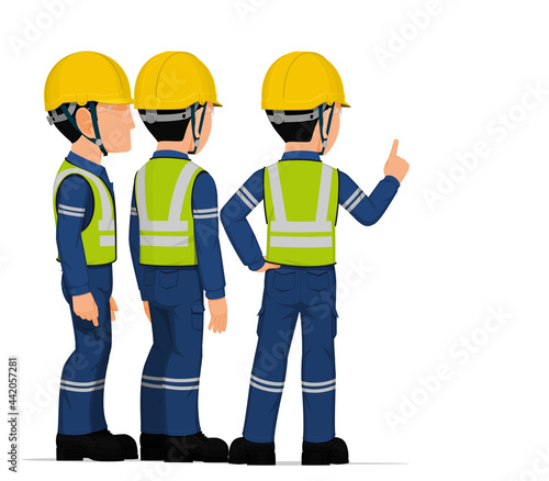 Three industrial worker have a meeting on white background