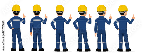 Set of industrial worker is pointing to something on white background
