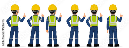 Set of industrial worker is pointing to something on white background
