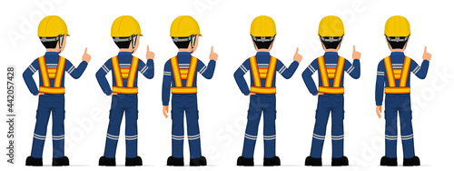 Set of industrial worker is pointing to something on white background