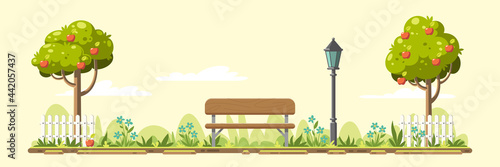 Panorama lanscape with trees, fence, bench and streetlamp. Garden with fruit trees. Vector illustration in modern cartoon style.  (ID: 442057437)