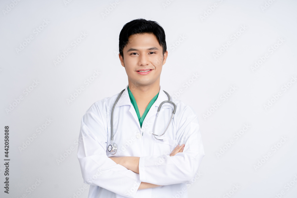 Portrait of a handsome Asian male doctor in uniform with a stethoscope on isolated background. Portrait of a handsome Asian male doctor in uniform with a stethoscope on isolated background.