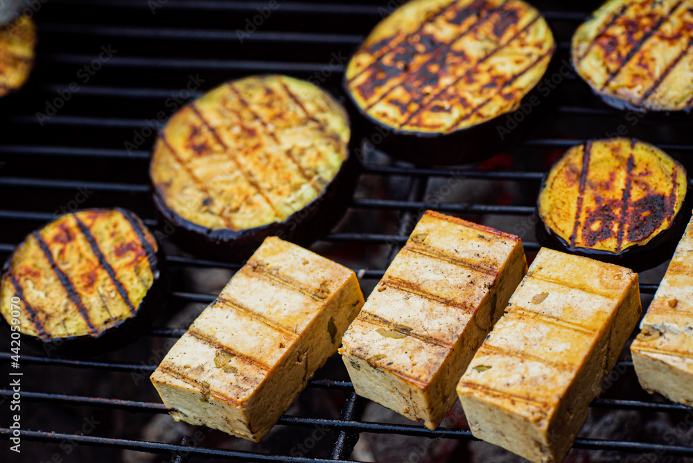grilled aubergine and tofu outdoor grilled aubergine and tofu outdoor