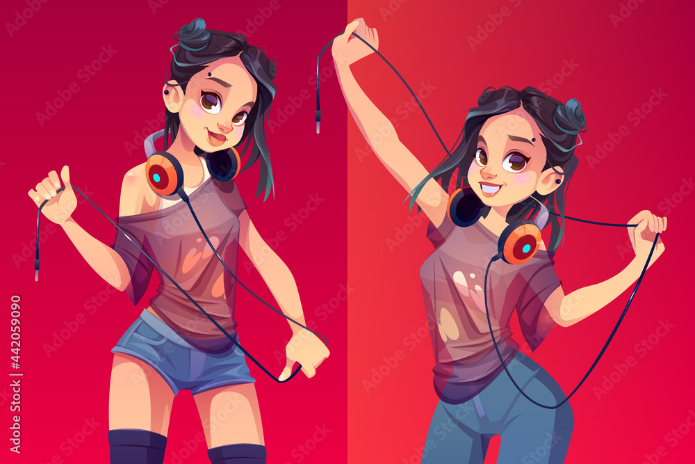 Dj girl in headphones, modern clothes and trendy hairstyle posing or dance  with wire in hands.