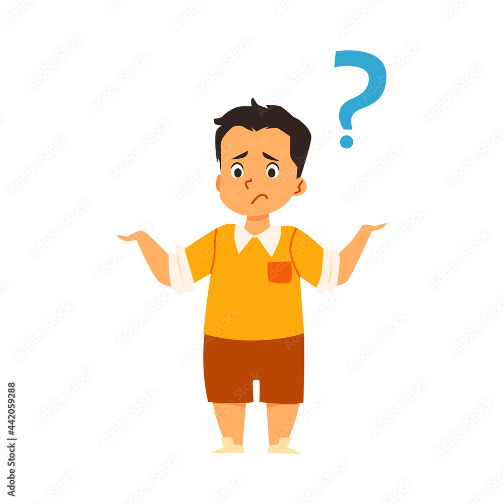 Boy standing with question mark above head, flat vector illustration isolated. Boy standing with question mark above head, flat vector illustration isolated.
