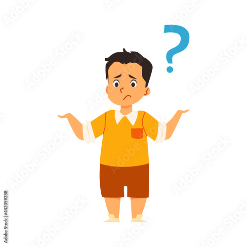 Boy standing with question mark above head, flat vector illustration isolated.