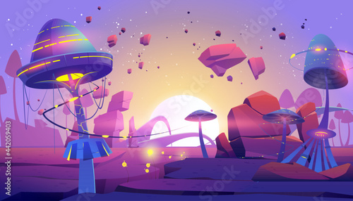 Alien planet landscape with fantasy mushrooms trees or buildings and rocks. Magical unusual nature for computer game, fairy tale background with beautiful strange plants, Cartoon vector illustration