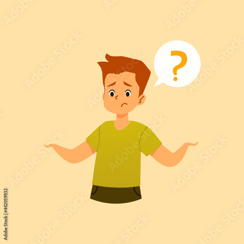 Puzzled confused boy has question, flat vector illustration isolated on white.