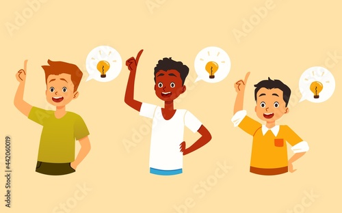 Group of happy thinking kids boys with light of ideas a vector illustration.