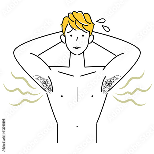 自分の不快な脇の下の臭い(わきが)に気づき困る可愛い男性 イラスト シンプル ベクター