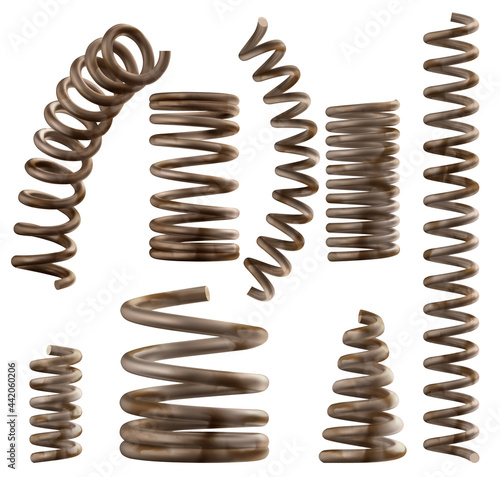 Rusty metal springs, old dirty coils for bed or car, flexible spiral parts isolated on white background. Steel industrial or mechanic garage equipment objects, realistic 3d vector set, clip art