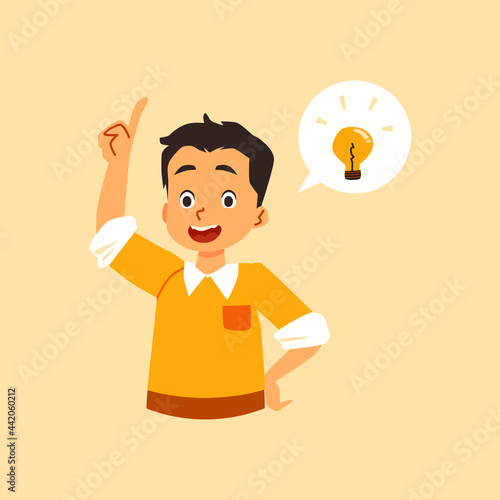 Happy boy has brilliant solution and idea, flat vector illustration isolated.