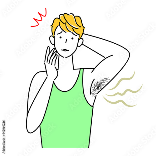 自分の不快な脇の下の臭い(わきが)に気づき困る可愛い男性 イラスト シンプル ベクター