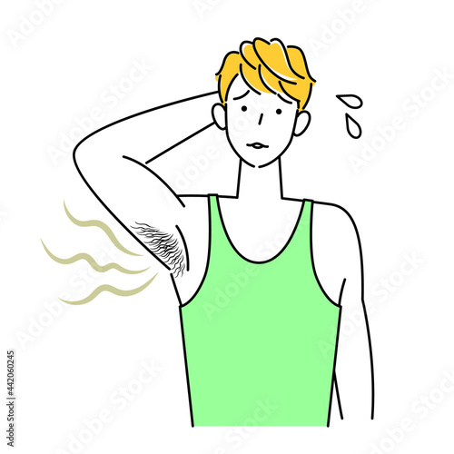 自分の不快な脇の下の臭い(わきが)に気づき困る可愛い男性 イラスト シンプル ベクター