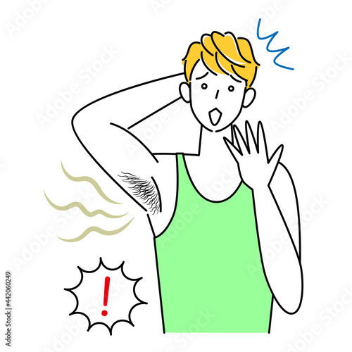 自分の不快な脇の下の臭い(わきが)に気づき困る可愛い男性 イラスト シンプル ベクター