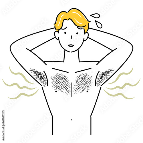 自分の不快な脇の下の臭い(わきが)に気づき困る可愛い男性 イラスト シンプル ベクター