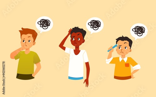 Cartoon boys thinking with messy thoughts, flat vector illustration isolated.