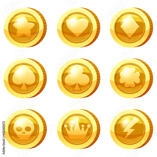 Set of Golden Coins for game apps. Gold icons star, heart, card suits, crown, symbols game UI, gaming gambling. Vector illustration