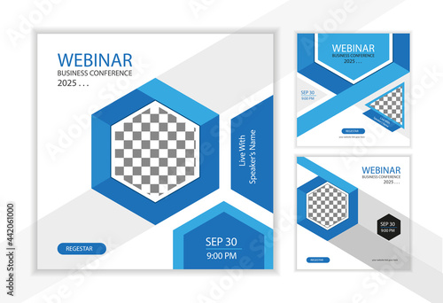 Collection of Online social media post template. It is suitable for business webinar, marketing webinar, online class program,live stream programme, seminar Courses and other E-Learning, etc square ve