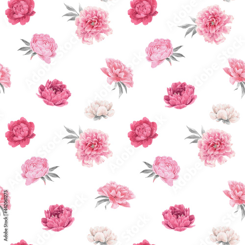 Beautiful seamless floral pattern with hand drawn watercolor gentle pink peony flowers. Stock illuistration. © zenina