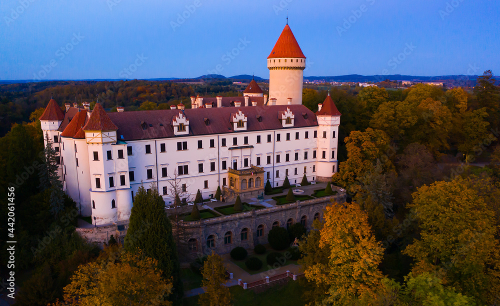 Fall view from drone of medieval Konopiste Castle at sunset, Czech Republic