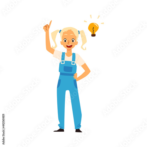 Happy thinking child girl with light of idea a vector isolated illustration.