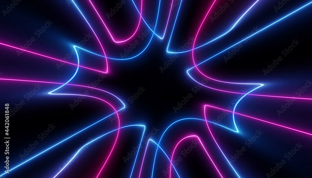 Fototapeta premium neon blue pink futuristic ultraviolet energy curvy glowing lines laser tunnel Sci-Fi black high resolution background with space for text or logo