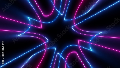 neon blue pink futuristic ultraviolet energy curvy glowing lines laser tunnel Sci-Fi black high resolution background with space for text or logo