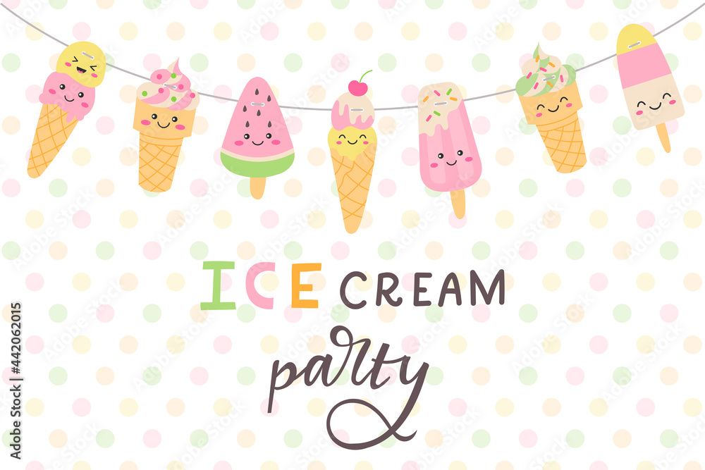 Ice cream party poster. Garland of cute ice cream and hand lettering. Summer vector ilustartion.