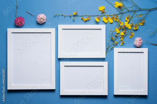 Blank empty picture frames with copy space and oncidium orchid flowers branch on the blue flat lay background. Photo album template. photo