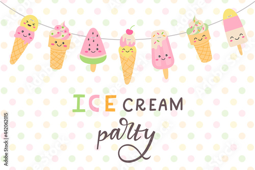 Ice cream party poster. Garland of cute ice cream and hand lettering. Summer vector ilustartion.