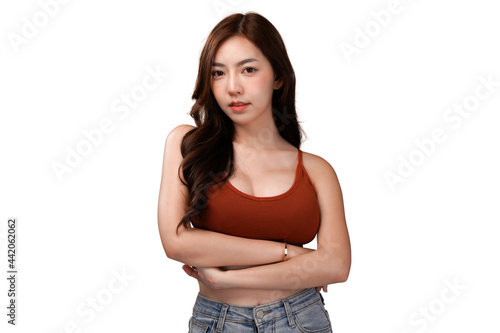 Breast surgery asian woman, Red crop bralettes outfit, isolated with white background © AtidChalermsong