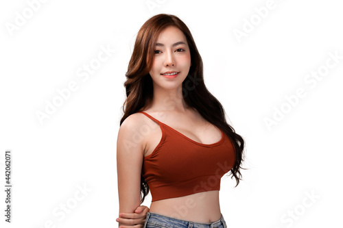 Breast surgery asian woman, Red crop bralettes outfit, isolated with white background