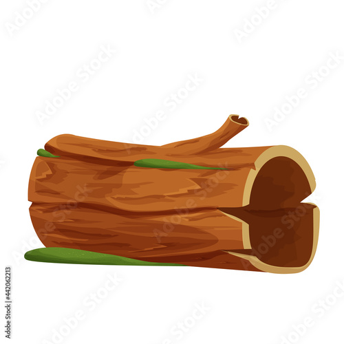 Old wood, tree log, trunk with moss empty in cartoon style isolated on white background. Forest clip art, old and broken piece, part. . Vector illustration